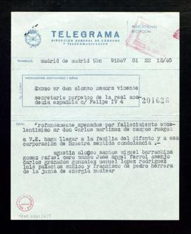 Telegrama de pésame de la Junta de Energía Nuclear a Alonso Zamora Vicente por el fallecimiento d...