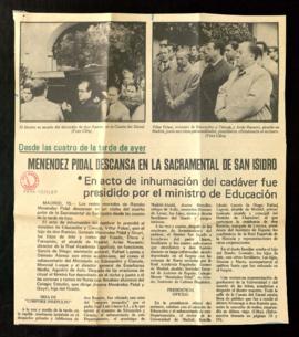 Recorte de Diario SP con la noticia Menéndez Pidal descansa en la Sacramental de San Isidro