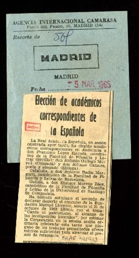 Recorte del diario Madrid con la noticia Elección de académicos correspondientes de la Española