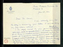 Carta de Dámaso Alonso a George W. Corner, director ejecutivo de la American Philosophical Societ...