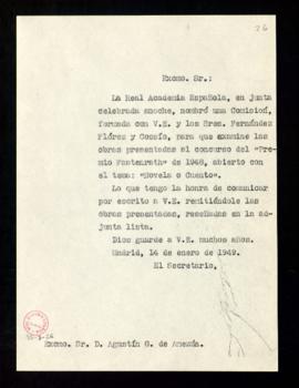 Copia sin firma del oficio del secretario a Agustín G. de Amezúa de traslado de su designación co...