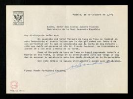 Carta de Ramón Fernández Escacha a Alonso Zamora Vicente, secretario, quien en ausencia del marqu...