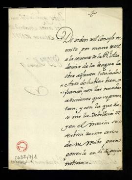 Oficio de Bartolomé Muñoz al secretario con el que, de orden del Consejo [de Castilla], remite a ...