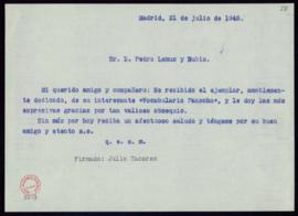Minuta de la carta de Julio Casares a Pedro Lemus y Rubio en la que agradece el envío del ejempla...