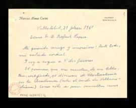 Carta de Narciso Alonso Cortés a Rafael Lapesa en la que le pide que le envíe el discurso de Hart...