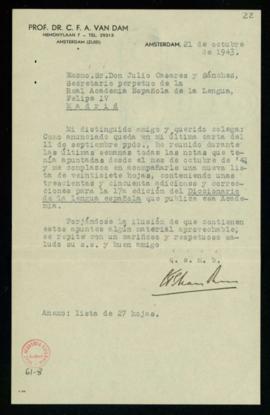 Carta de C. F. Adolf van Dam a Julio Casares con la que le remite una nueva lista de adiciones y ...