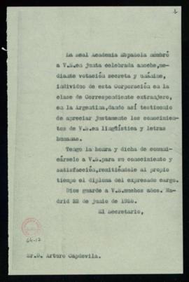 Copia del oficio de secretario a Arturo Capdevila de traslado de su elección como académico corre...