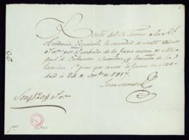 Recibo de Juan Morata de 120 reales de vellón por el grabado de la firma entera de Miguel de Cerv...