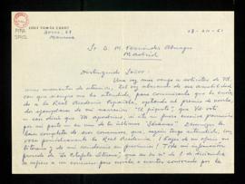 Carta de José Tomás Cabot a Melchor Fernández Almagro en la que le dice que ha enviado a la Real ...