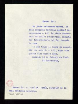 Copia sin firma del oficio del secretario [Julio Casares] a José María Pemán de habérsele declara...