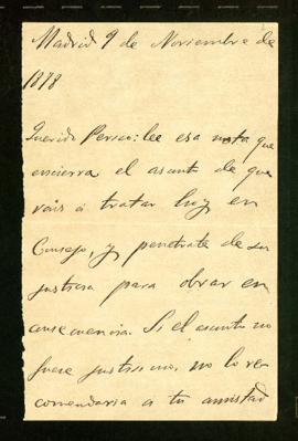 Carta de Emilio Castelar a Pedro Antonio de Alarcón en la que recomienda que lea la nota que adju...