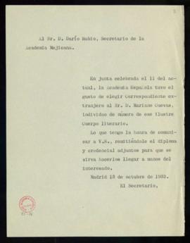 Copia del oficio del secretario a Darío Rubio, secretario de la Academia Mexicana, en el que le c...