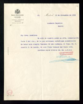 Carta remitida por el subgobernador del Banco Hipotecario de España en la que acusa recibo del ce...