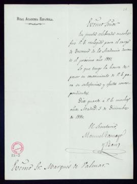 Oficio del secretario, Manuel Tamayo y Baus, al marqués de Valmar [Leopoldo Augusto García de Cue...
