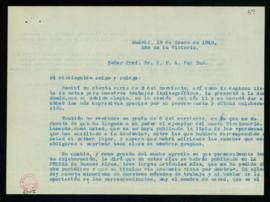 Minuta de la carta de Julio Casares a C. F. Adolf van Dam en la que le agradece la copiosa lista ...