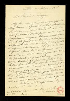 Traducción de la carta de Alfred Germond de Lavigne al secretario en la que ofrece representar a ...