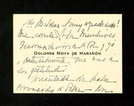 Tarjeta de Dolores Moya de Marañón en la que expresa su agradecimiento a Melchor Fernández Almagro