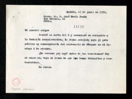 Copia sin firma de la carta de [Rafael Lapesa] a José María Pemán en la que le dice que comunicó ...