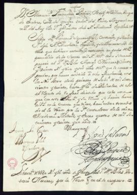 Orden del marqués de Villena de libramiento a favor de Blas Antonio Nasarre de 120 reales y 16 ma...