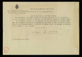 Carta de Pedro de Novo [y Fernández Chicarro] al secretario, Emilio Cotarelo, de agradecimiento a...