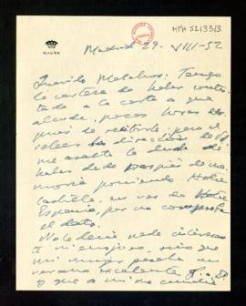 Carta de Gabriel Maura a Melchor Fernández Almagro en la que le dice que ha concluido el opúsculo...
