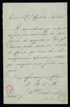 Carta del conde de Vistahermosa a Cándido Nócedal en la que le comunica que [Manuel] Tamayo [y Ba...