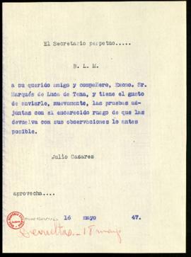 Copia del besalamano de Julio Casares al marqués de Luca de Tena con el que le envía unas pruebas...