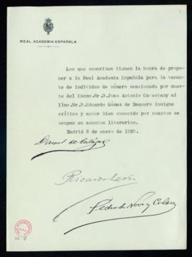 Propuesta de Daniel de Cortázar, Ricardo León y Pedro de Novo y Colson de la candidatura de Eduar...