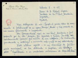 Carta de Pepita Peris Yarza a Rafael Lapesa en la que le comunica el fallecimiento de su marido, ...