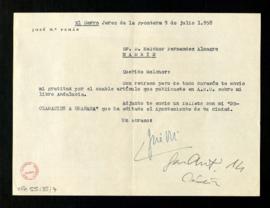 Carta de José María Pemán a Melchor Fernández Almagro en la que le agradece el artículo de ABC so...