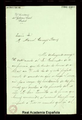 Carta de Arturo de Madrid-Dávila y Pinilla, secretario del gobierno civil de Madrid, a Manuel Tam...