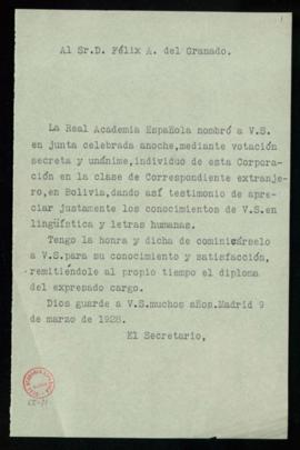 Copia sin firma del oficio del secretario a Félix A. del Granado de traslado de su nombramiento c...