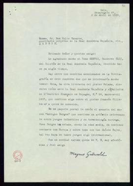 Carta de Magnus Grönvold a Julio Casares en la que le agradece el envío del Boletín, le pide que ...
