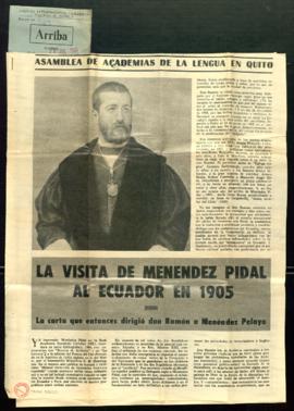 Recorte del diario Arriba con el artículo La visita de Menéndez Pidal al Ecuador en 1905, por Dio...
