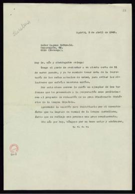 Copia de la carta de  Julio Casares a Magnus Grönvold en la que le indica que ha mandado tomar no...