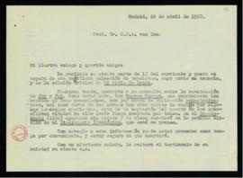 Minuta de la carta de Julio Casares a C. F. Adolf van Dam en la que acusa recibo de la suya y le ...