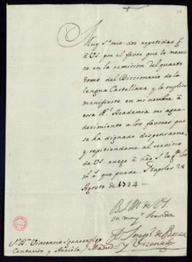 Carta de José de Baeza y Vicentelo a Vincencio Squarzafigo en la que le agradece el envío del tom...