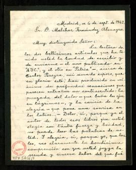 Carta de María Enriqueta C., viuda de Pereyra, a Melchor Fernández Almagro en la que expresa la e...