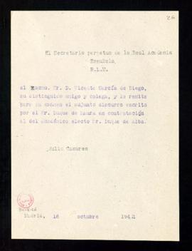 Copia del besalamano de Julio Casares a Vicente García de Diego con el que le remite, para su exa...