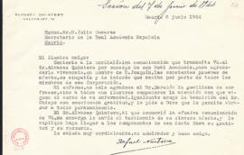 Carta de Rafael Narbona a Julio Casares en la que agradece, en nombre de Joaquín Álvarez Quintero...
