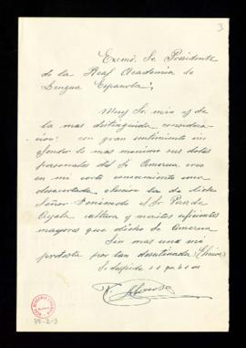 Carta de protesta remitida por T. Alonso al presidente de la Real Academia Española por la elecci...