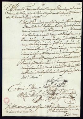 Orden del marqués de Villena del libramiento a favor de José Torrero y Marzo de 557 reales y 6 ma...