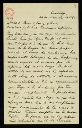 Carta de Arthur Richmond Marsh al secretario, Manuel Tamayo y Baus de traslado del agradecimiento...