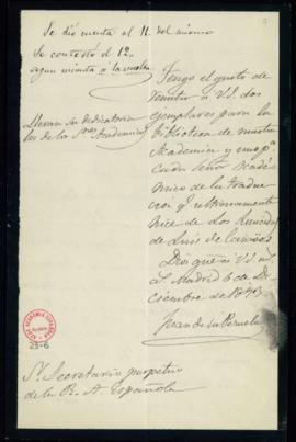 Carta de Juan de la Pezuela al secretario [Antonio María Segovia] con la que remite dos ejemplare...