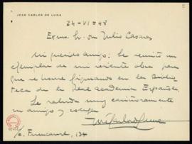 Carta de José Carlos de Luna a Julio Casares con la que le remite para la Biblioteca un ejemplar ...