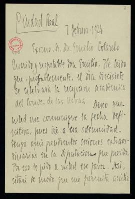 Carta de Luis Barreda a Emilio Cotarelo en la que le pide que le avise con suficiente antelación ...