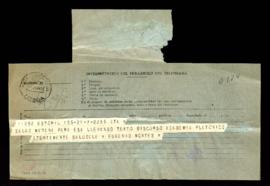 Telegrama de Eugenio Montes al secretario de la Academia en el que le anuncia su viaje a Madrid, ...