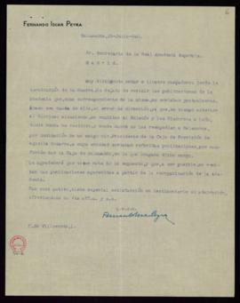 Carta de Fernando Íscar-Peyra a Emilio Cotarelo en la que le pide que le envíen las publicaciones...