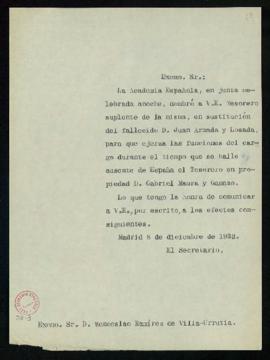 Copia sin firma del oficio del secretario [Emilio Cotarelo] a Wenceslao Ramírez de Villa-Urrutia ...
