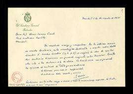 Carta de Sopeña a Alonso Zamora Vicente para informarle de que escribe a la Academia de la Histor...
